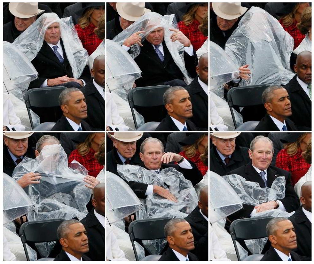 Rain-rain go away- This sequence of pictures shows former U.S. President George W. Bush using a plastic sheet to deal with the rain near outgoing President Barack Obama (L) during the inauguration ceremonies swearing in Donald Trump as the 45th president of the United States on the West front of the U.S. Capitol in Washington, U.S., January 20, 2017. REUTERS-17R
