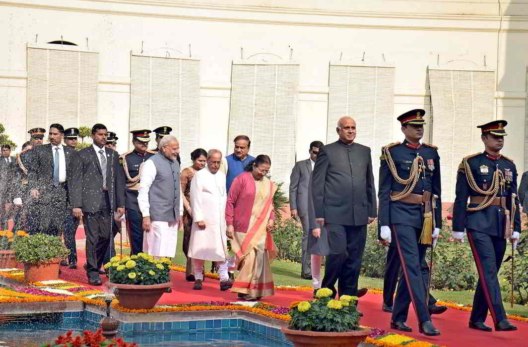 FULL HOUSE: President Pranab Mukherjee, Vice-President Mohammad Hamid Ansari, Prime Minister Narendra Modi and Lok Sabha Speaker Sumitra Mahajan arrive at Parliament House for the presidential address on the opening day of the Budget Session, on January 31, UNI