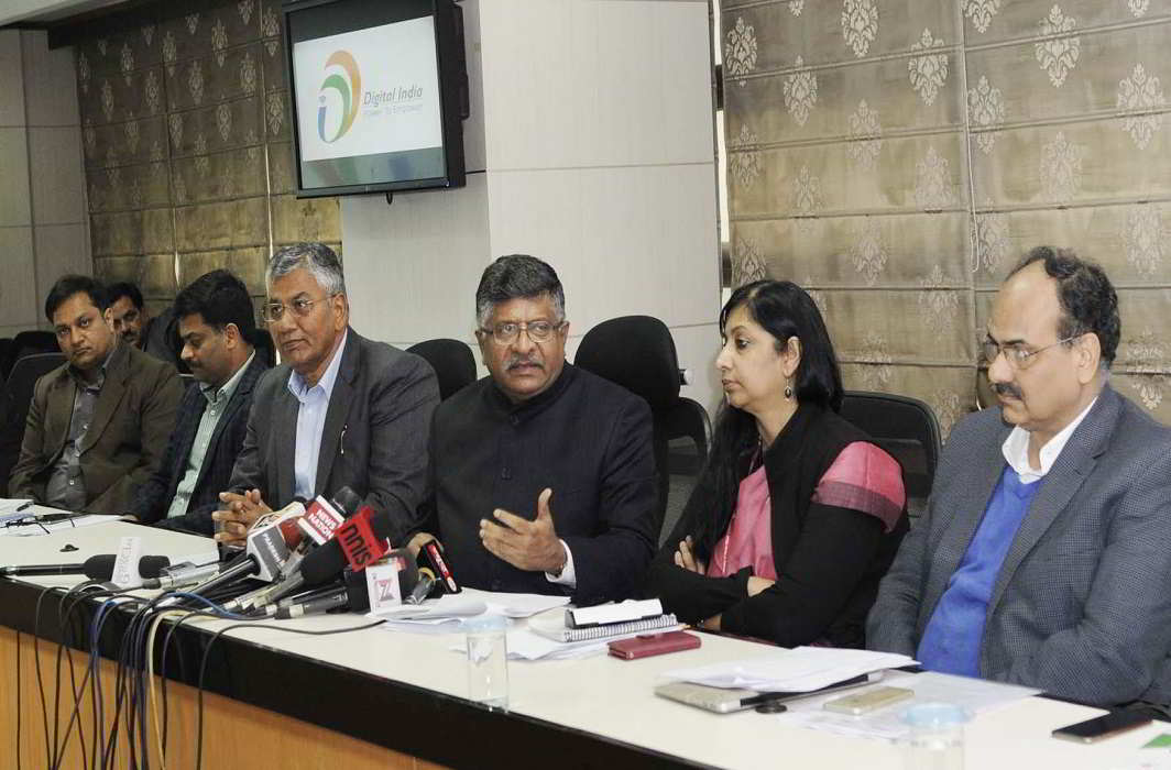 Union minister for electronics & information technology and law & justice Ravi Shankar Prasad addresses a press conference on the ‘Achievements of UIDAI’, in New Delhi on January 27. Also seen are minister of state for electronics & information technology and law & justice PP Chaudhary, secretary, ministry of electronics & information technology, Aruna Sundararajan and the director general and mission director, UIDAI, Dr Ajay Bhushan Pandey