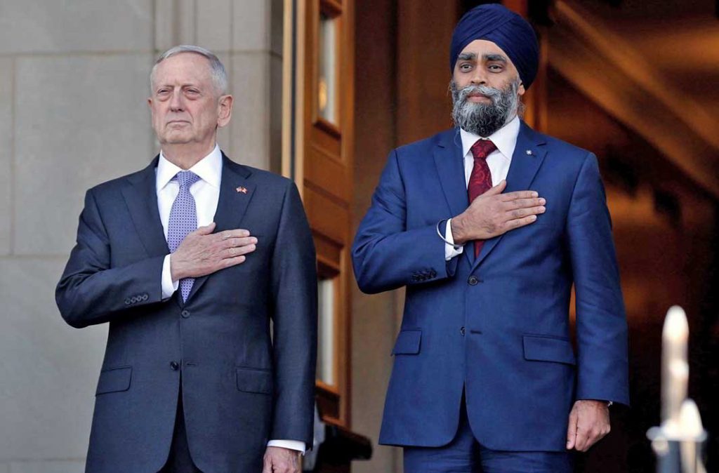 STAND TOGETHER: US defence secretary James Mattis (left) welcomes Canada’s minister for national defence Harjit Sajjan at the Pentagon in Washington, Reuters/UNI