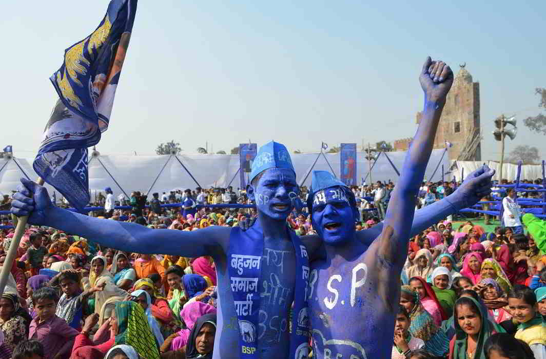 JAI BHIM: BSP supporters during an election rally of party supremo Mayawati in Moradabad on February 10, UNI