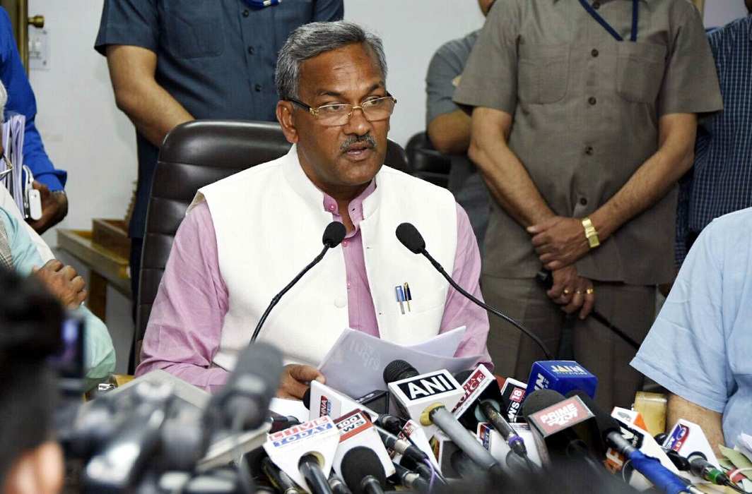 Uttrakhand Chief Minister Trivendra Singh Rawat addressing a press conference in Dehradun. Photo: UNI