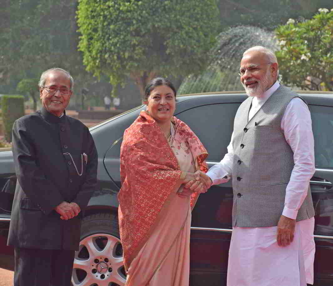 HEADS OF STATE: Bidya Devi Bhandari, President of Nepal, meets President Pranab Mukherjee and Prime Minister Narendra Modi at Rashtrapati Bhavan in New Delhi