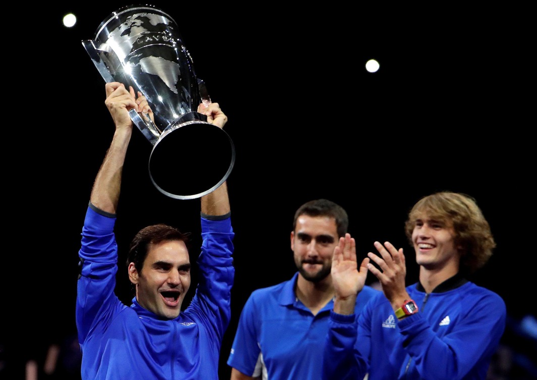 FUN CAMPAIGN: Members of Team Europe, Roger Federer, Marin Cilic and Alexander Zverev, celebrate after winning the Rod Laver Cup in Prague, Czech Republic, Reuters/UNI