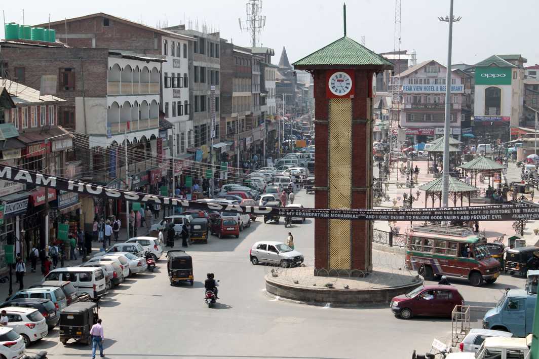 LIFE, INTERRUPTED: An aerial view of Lal Chowk, the business hub in Srinagar, with shops opening after remaining closed for a day during strike called by KMTF, UNI