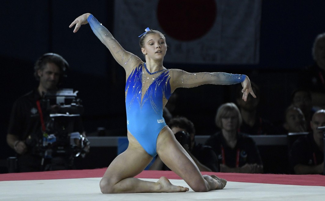 GRACE IN MOTION: Jade Carey of the United States competes on the floor exercise during the 47th FIG Artistic Gymnastics World Championships at Montreal Olympic Stadium, Eric Bolte/USA Today/Reuters/UNI