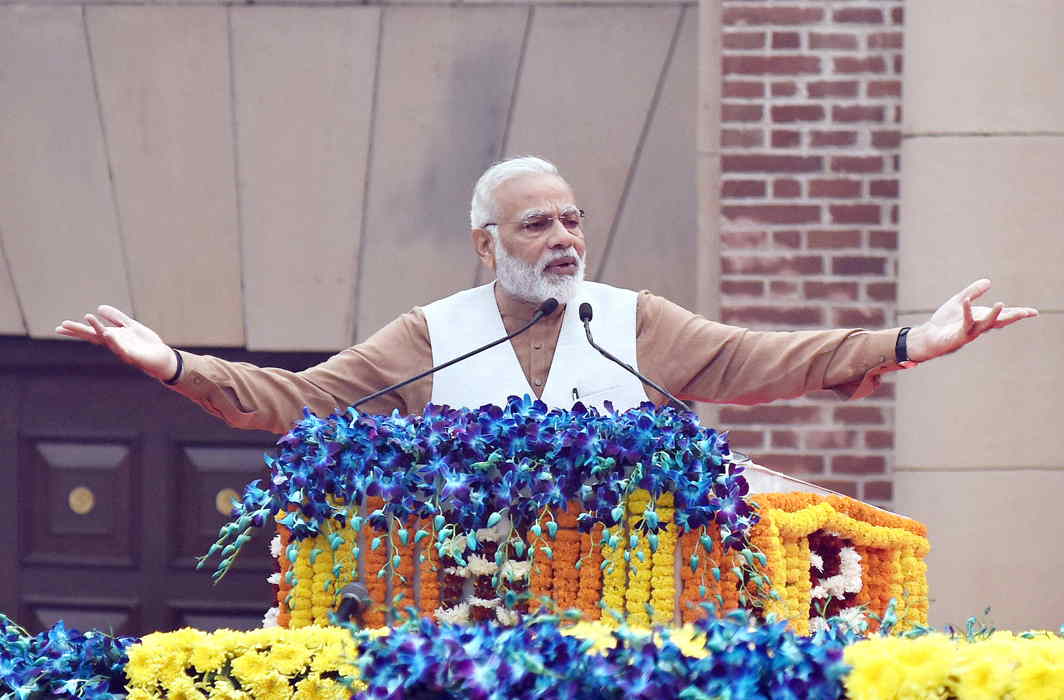 Prime Minister Narendra Modi addresses a gathering on the Rashtriya Ekta Diwas – to mark the 142nd birth anniversary of Sardar Vallabhbhai Patel – at Major Dhyan Chand National Stadium in New Delhi. Photo credit: PIB