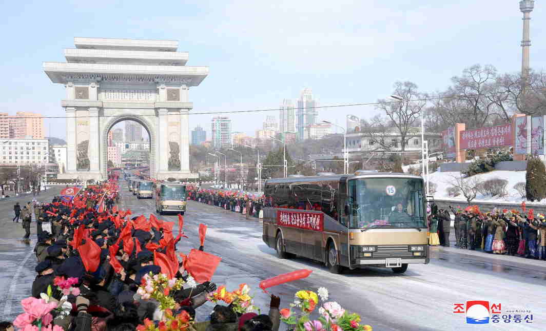 POWER SHOW: People cheer as members who contributed to the successful launch of the Hwasong-15 intercontinental ballistics missile (ICBM) arrive in Pyongyang, North Korea, Reuters/UNI