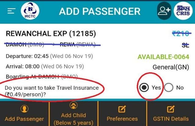 IRCTC travel insurance