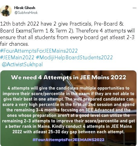 Due to this, applicants didn't get enough time between the board examination and the engineering entrance. After the JEE Mains 2022 schedule was released, many aspirants demanded that the JEE Mains 2022 exam should be postponed