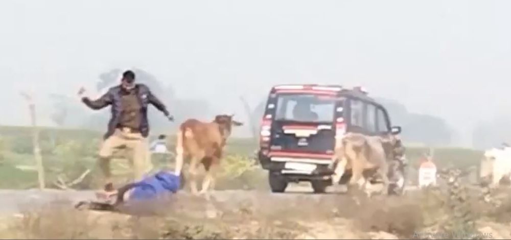 policeman kicking and beating the farmer