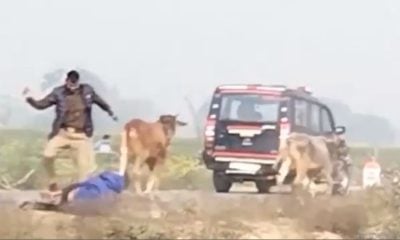 policeman kicking and beating the farmer