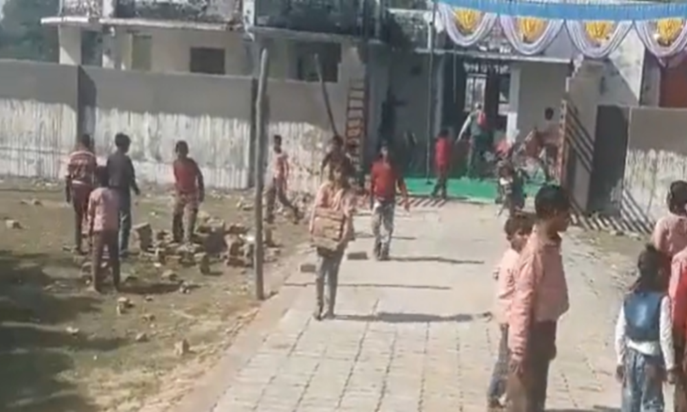 students working in construction of school