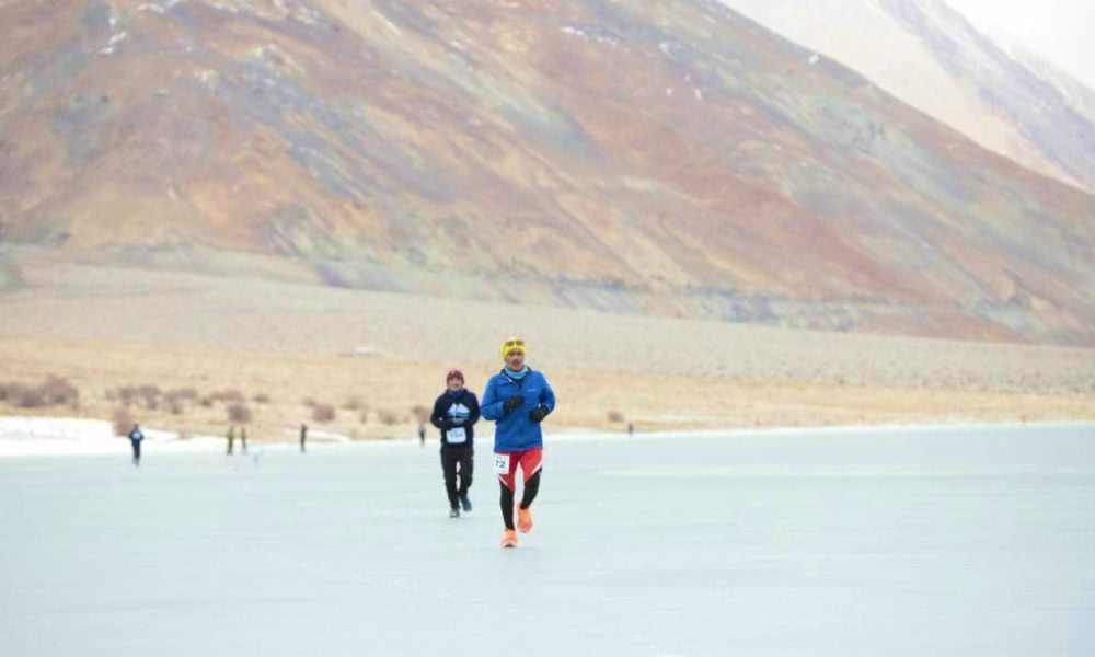 Frozen lake half marathon at Pangong Lake in Ladakh