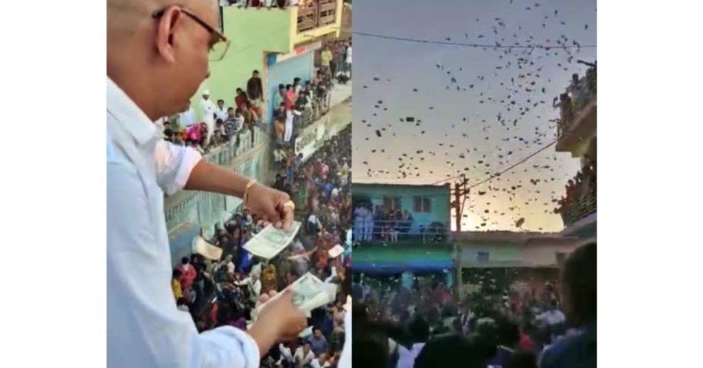 Former Gujarat sarpanch showers bundles of Rs 500 notes from his house at nephew's wedding, video viral | WATCH