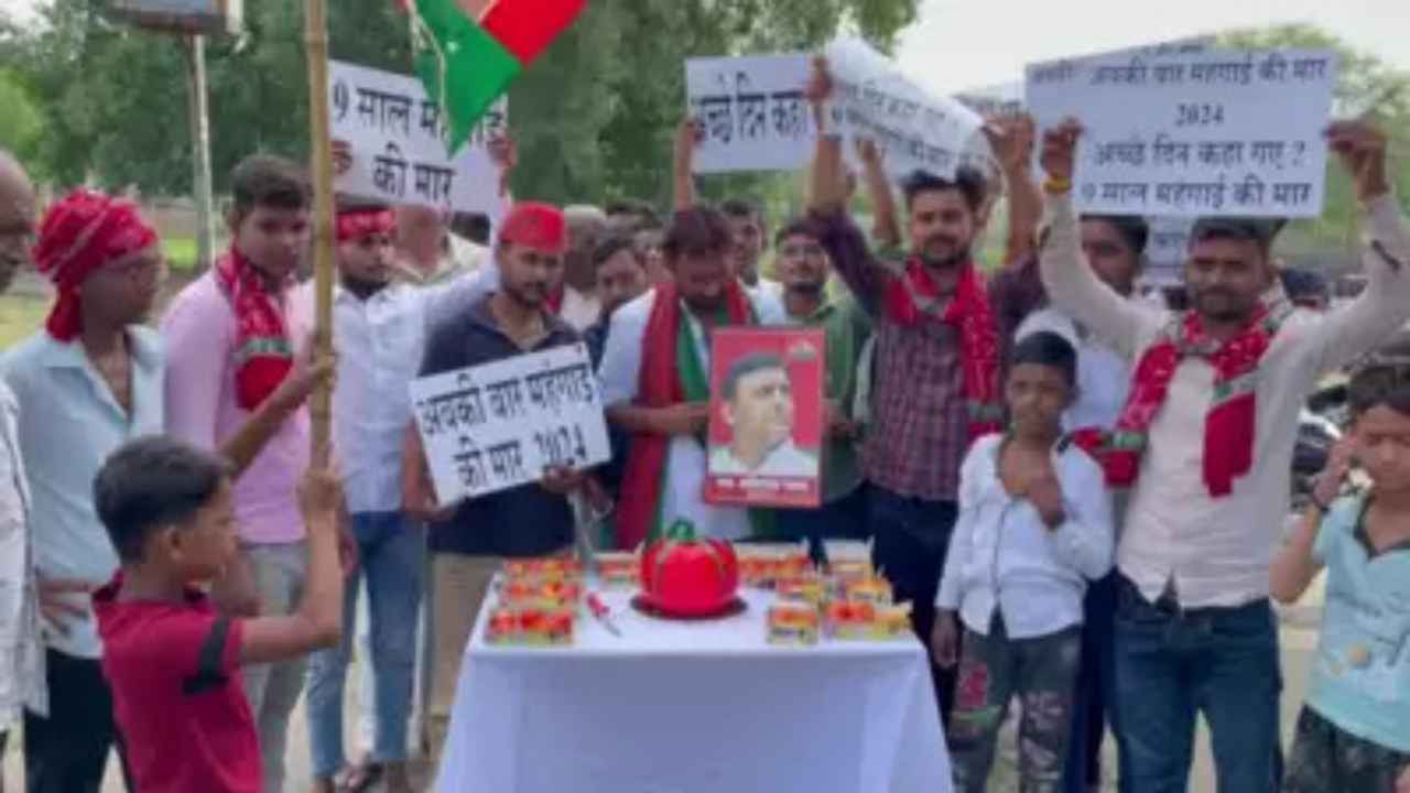 Samajwadi Party President Akhilesh Yadav’s 50th Bithday celebrations take place with a tomato cake