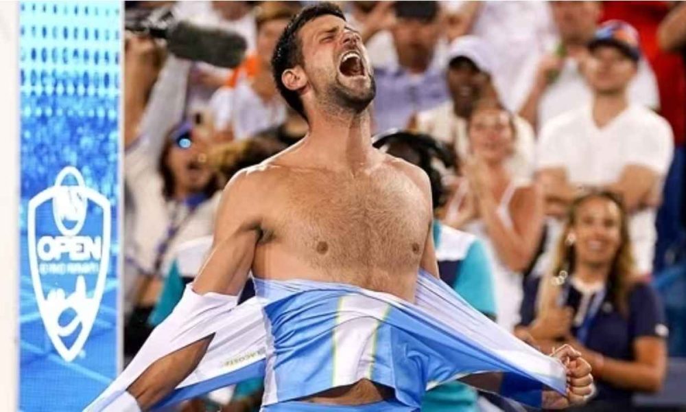 Novak Djokovic rips his shirt in celebration after defeating Carlos Alcaraz at the men’s singles final of the Western & Southern Open