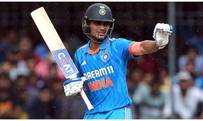 Shreyas Iyer raising his bat after scoring a quickfire 59 in the first ODI against England at Nagpur.