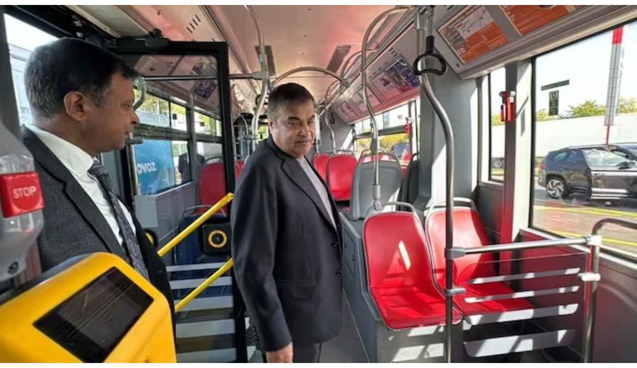 Watch: Nitin Gadkari takes a test drive on hydrogen bus in Prague