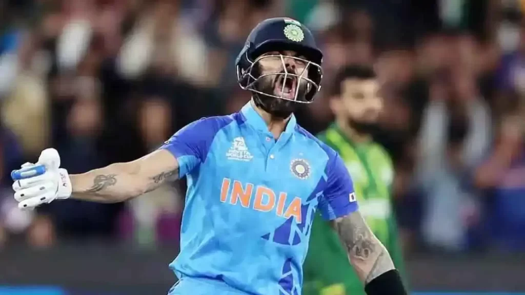 Virat Kohli in full swing during a cricket match