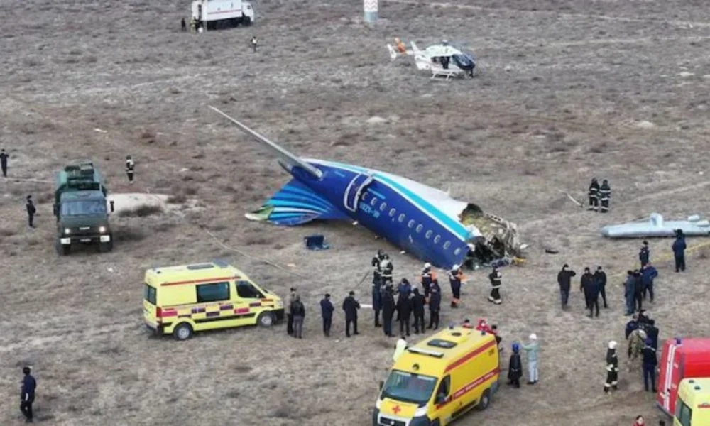 Wreckage of Azerbaijan Airlines plane with visible damage near Aqtau, Kazakhstan