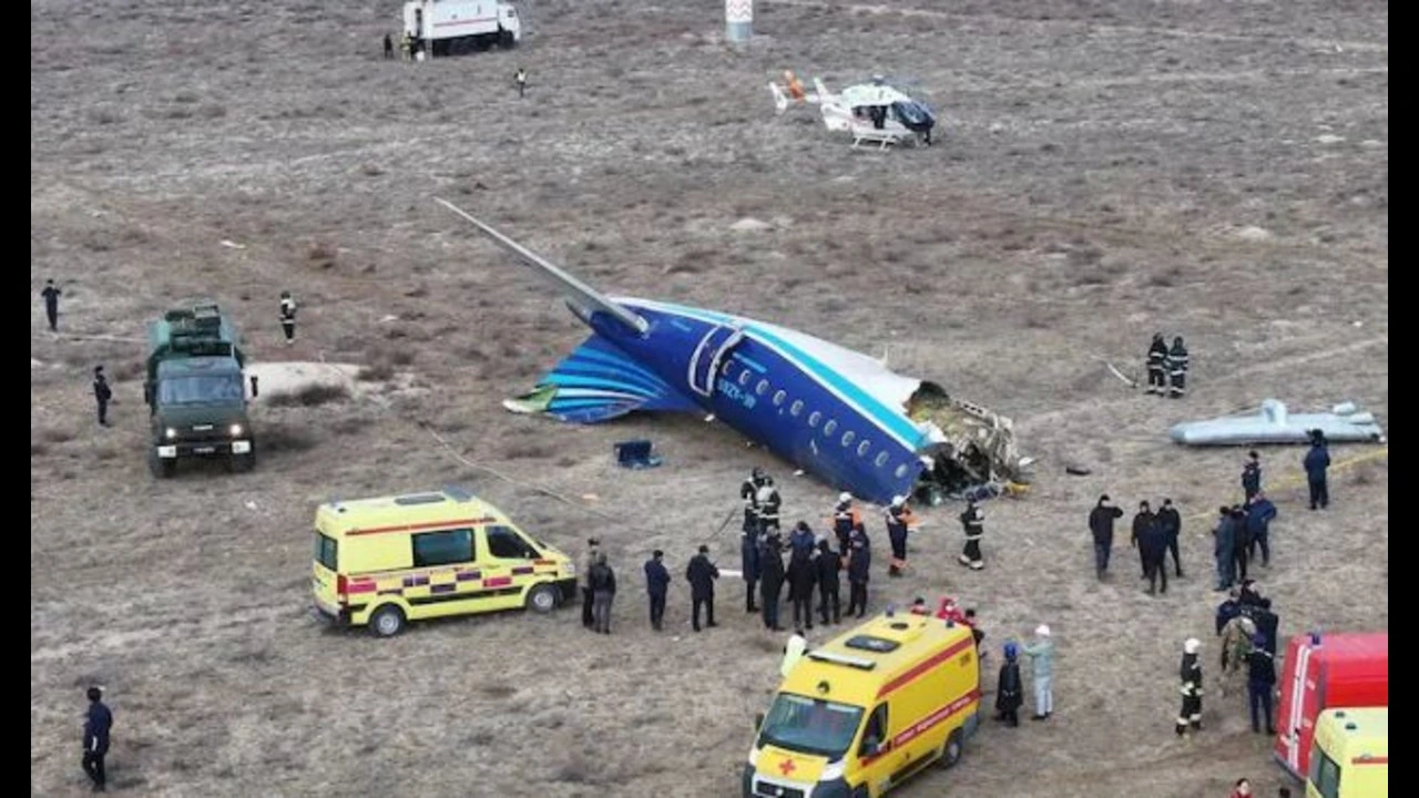 Wreckage of Azerbaijan Airlines plane with visible damage near Aqtau, Kazakhstan