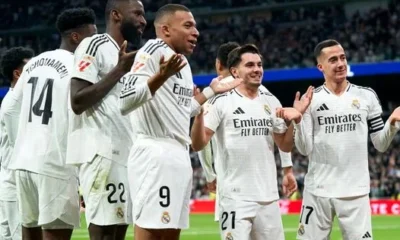 Kylian Mbappé celebrates after scoring against Sevilla