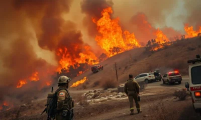 Aerial view of wildfire flames consuming dry vegetation in Los Angeles with smoke billowing into the sky.