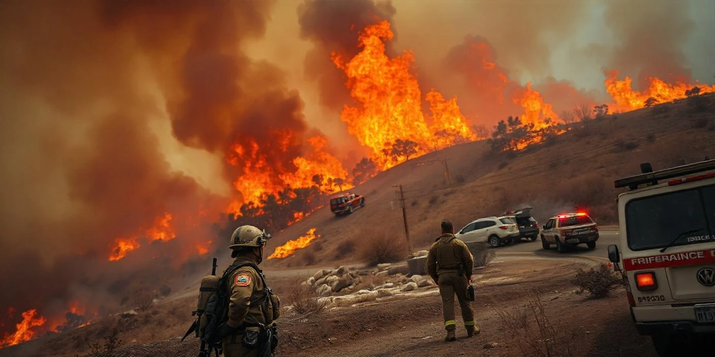 Aerial view of wildfire flames consuming dry vegetation in Los Angeles with smoke billowing into the sky.