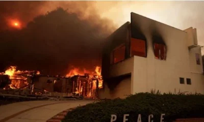 Wildfire burning in Los Angeles, California, with smoke and flames spreading across the Pacific Palisades area.