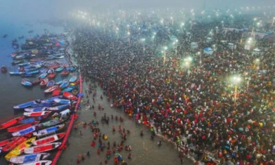 Aerial view of the Sangam area during Maha Kumbh Mela 2025 in Prayagraj