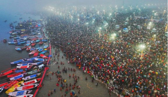 Aerial view of the Sangam area during Maha Kumbh Mela 2025 in Prayagraj