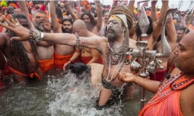 Naga sadhus of Niranjani and Anand Akharas during the first Amrit Snan at Maha Kumbh 2025