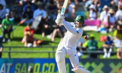 Ryan Rickelton playing a shot during South Africa vs Pakistan 2nd Test Day 2