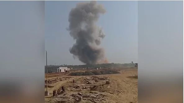 Smoke rising from the site of the massive explosion at the Ordnance Factory in Bhandara, Maharashtra