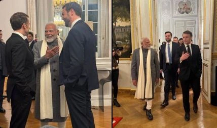 Indian Prime Minister Narendra Modi greeted by French President Macron at Elysee Palace before AI Summit dinner.