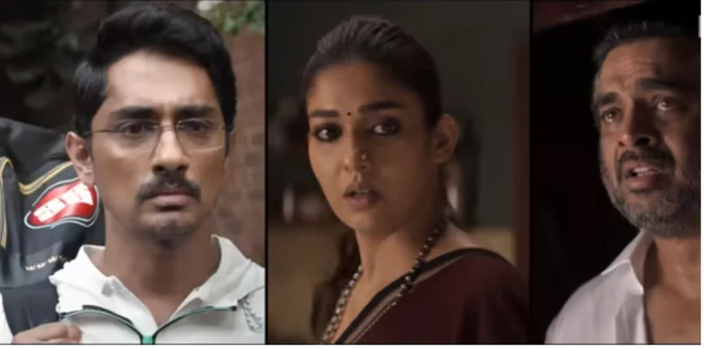 TEST Tamil film scene featuring R. Madhavan, Nayanthara, and Siddharth.