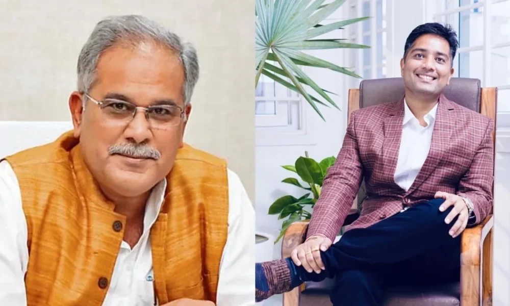 Image shows a collage of Bhupesh Baghel and his son Chaitanya Baghel