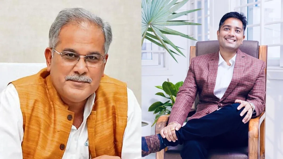 Image shows a collage of Bhupesh Baghel and his son Chaitanya Baghel