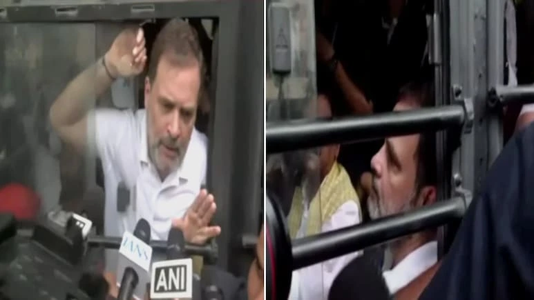 Image shows Rahul Gandhi and fellow MPs being detained in Delhi Police buses