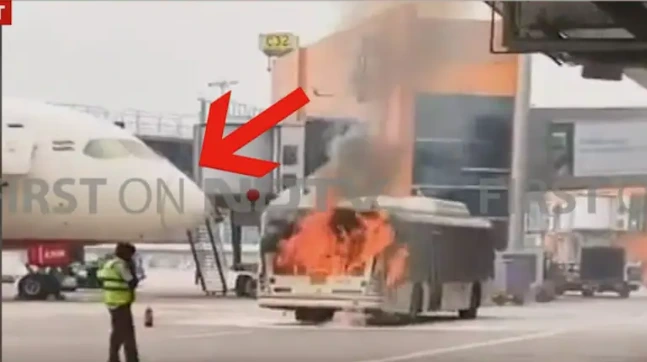 Bus catches fire near Air India plane