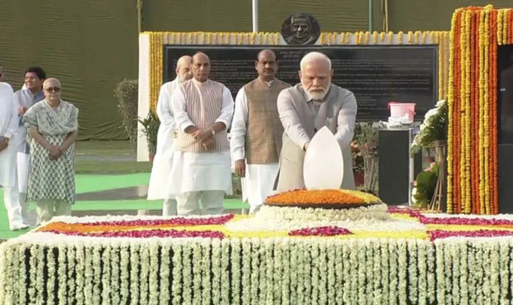 PM Modi pays tribute to Atal Bihari Vajpayee at Sadaiv Atal, says leadership is defined by conduct