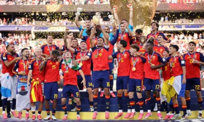 Spain players celebrate after defeating Argentina in the FIFA World Cup 2026 final.