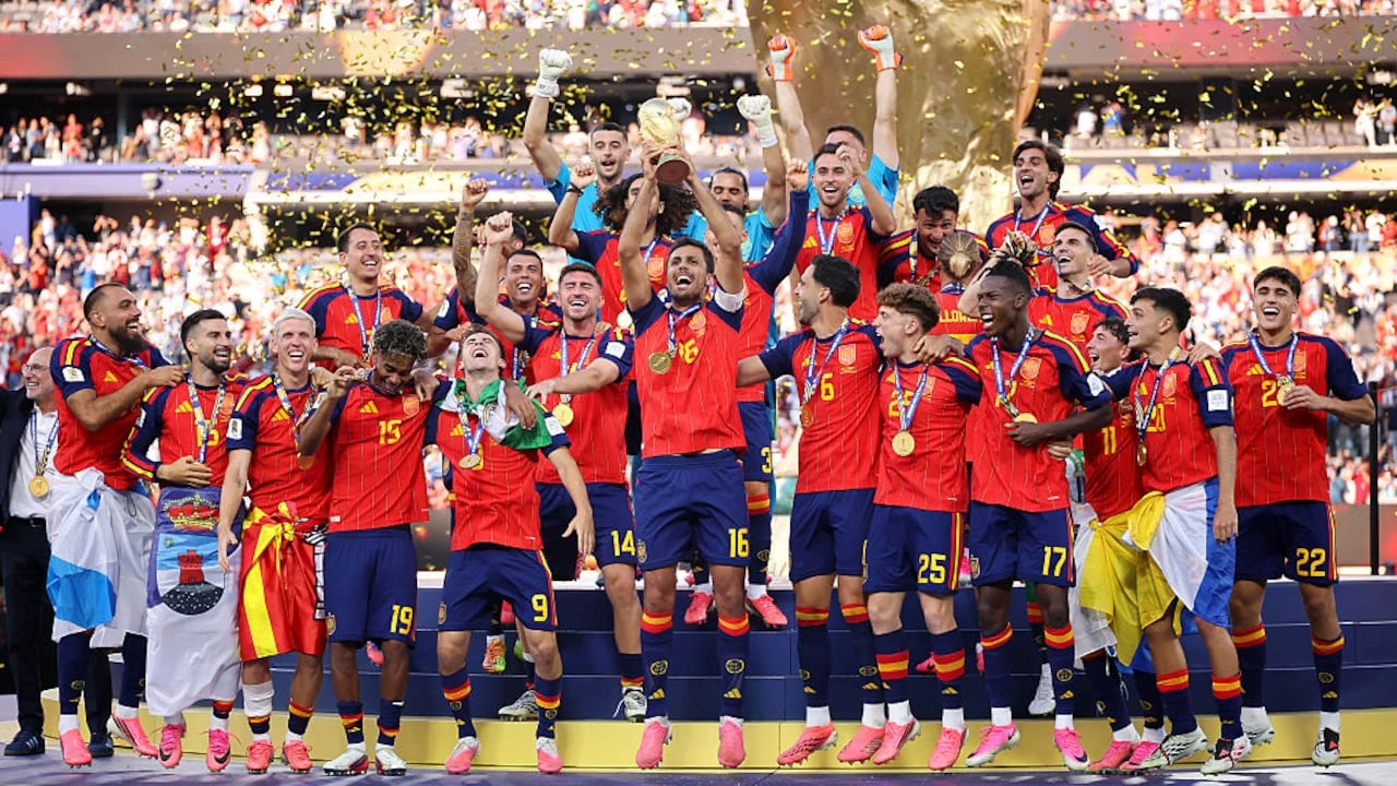 Spain players celebrate after defeating Argentina in the FIFA World Cup 2026 final.
