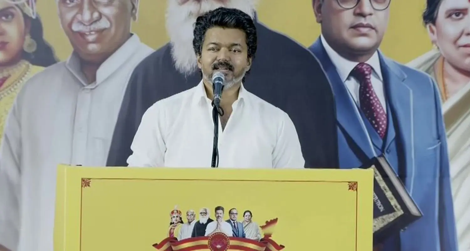 Tamil Nadu CM Vijay speaking on stage